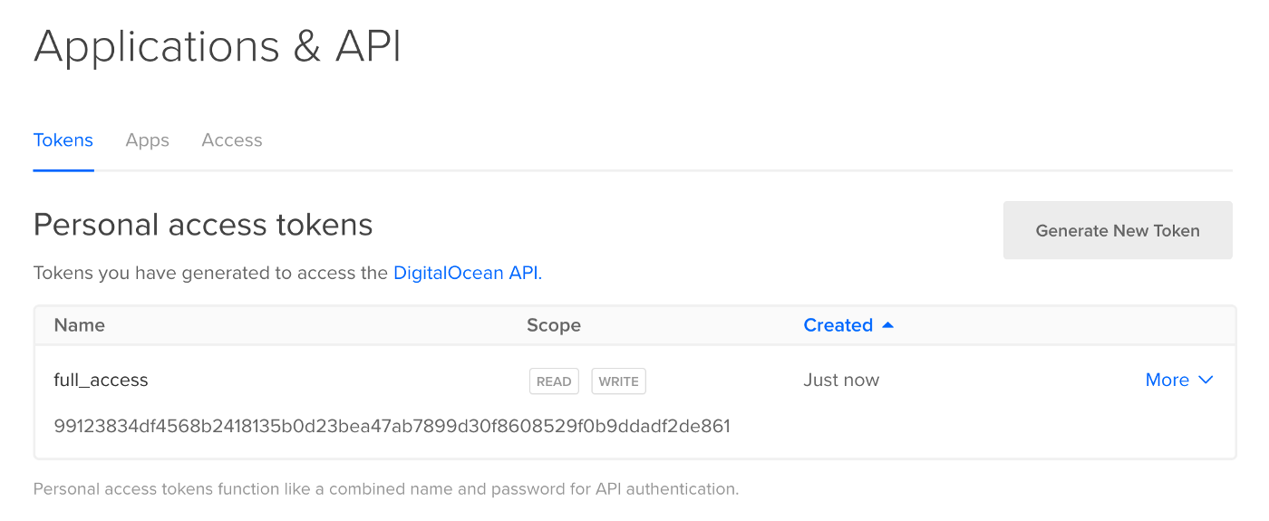 Digital Ocean API tokens
